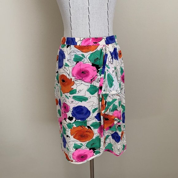 Vintage 80s Stracci Custom Vibrant Silk Floral Print Blouse Top Skirt Set Ungaro - Picture 10 of 11